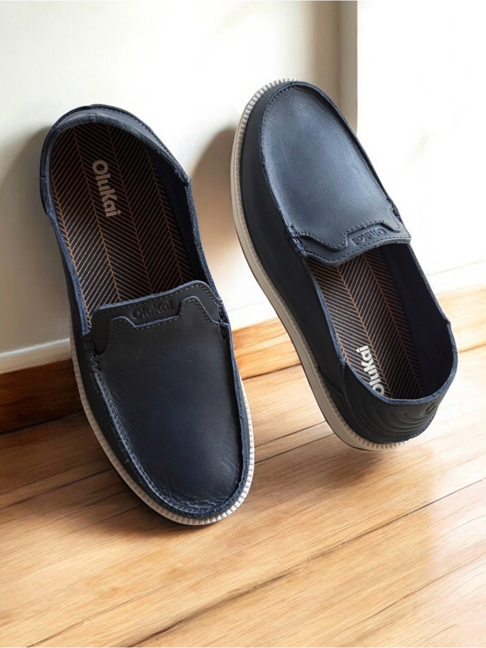 OluKai Kākaha Nia Men’s Navy Blue Leather Slip-On Shoes - Picture 13 of 16
